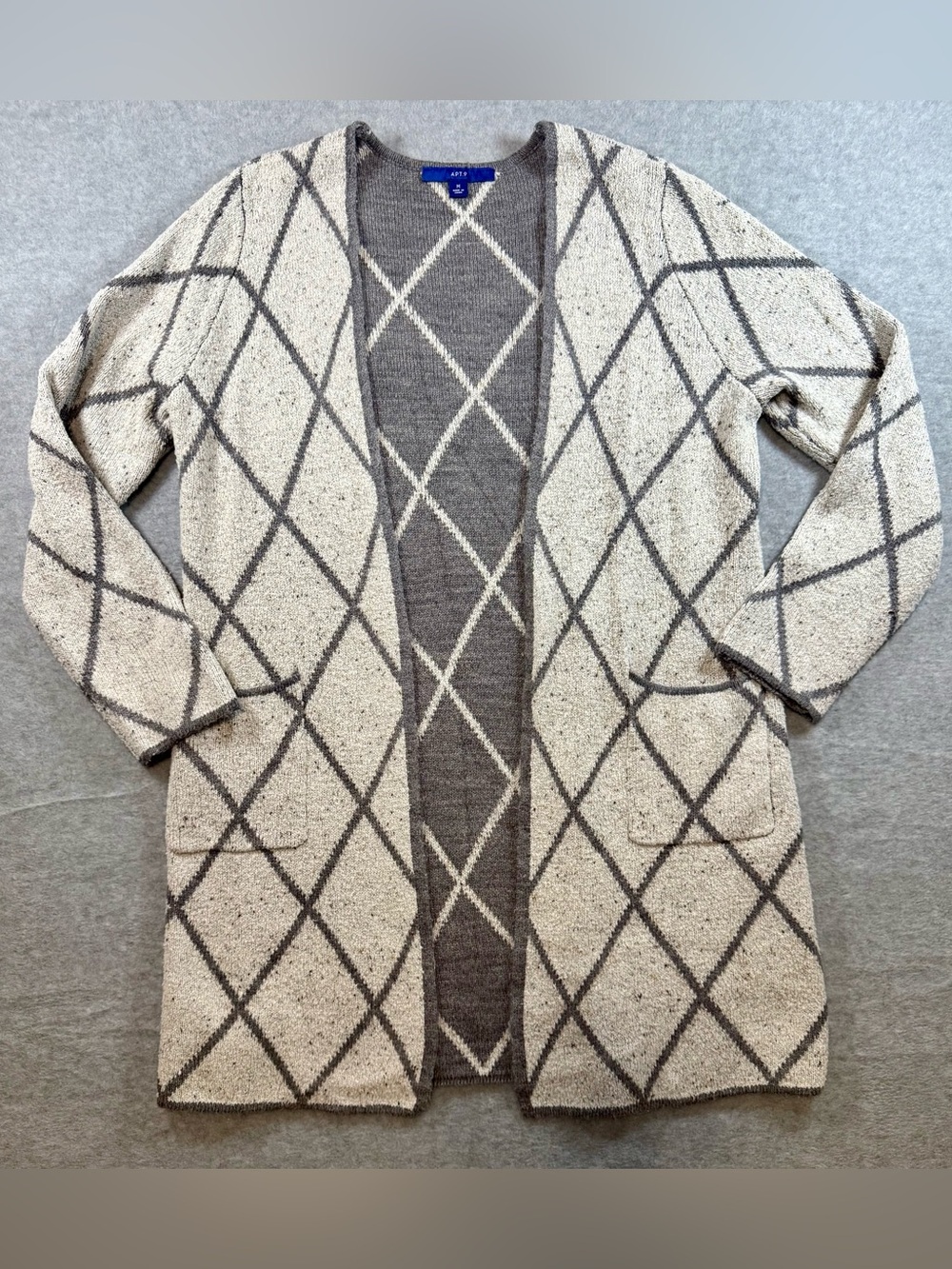 Apt. 9 Cream & Gray Open-Front Diamond Knit Cardigan